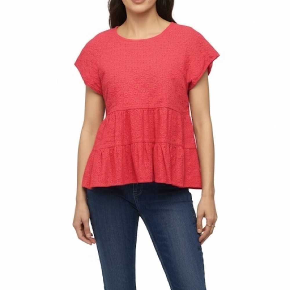Sugar lips Coral Eyelet Tiered Peplum Top Size L